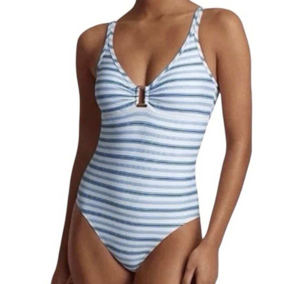Lauren Ralph Lauren Swimsuit Size 4 White Blue Striped Nautical 1-piece Resort